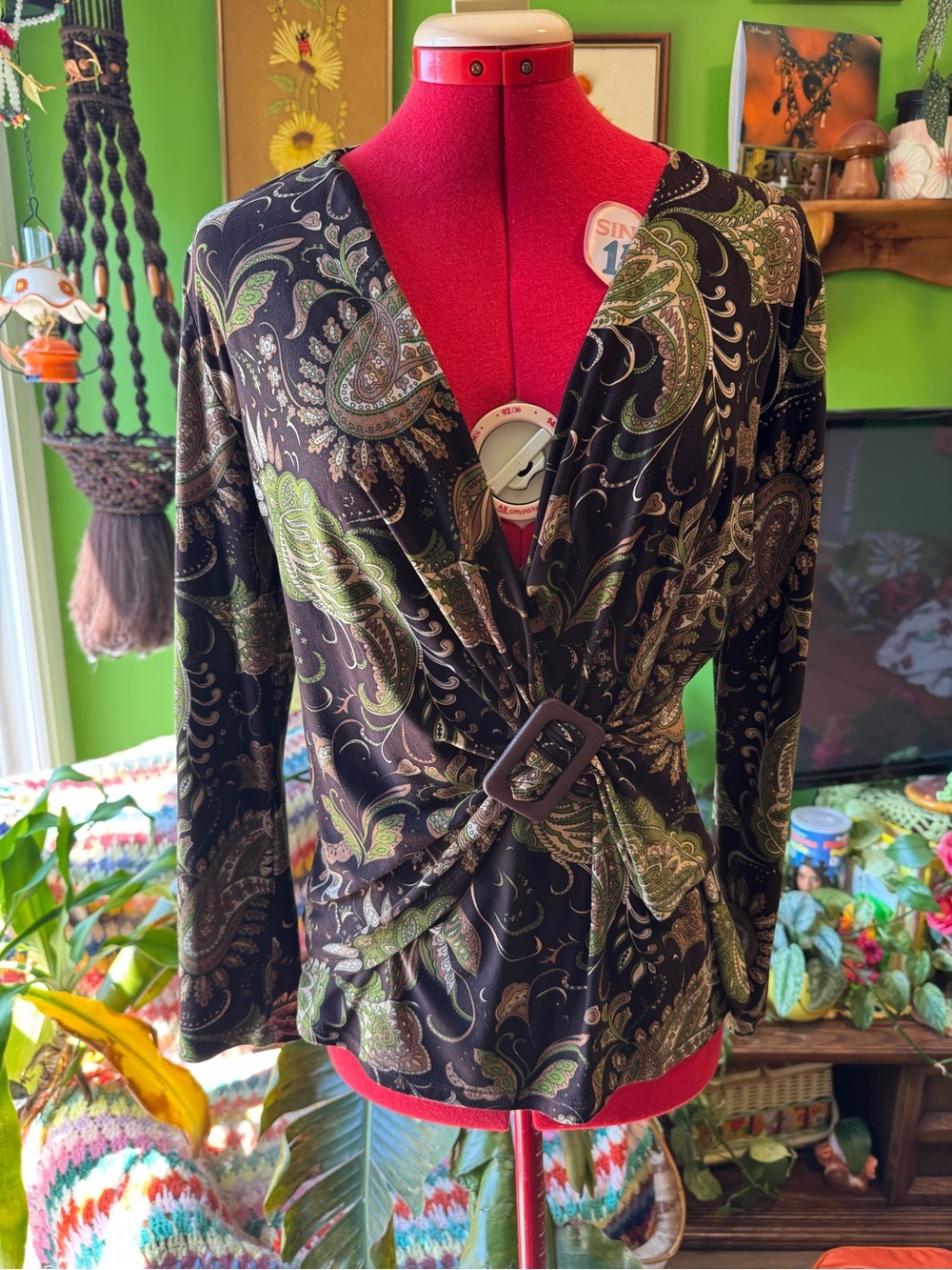 Jessica Black Paisley Long Sleeve Wrap Top with Green Accents